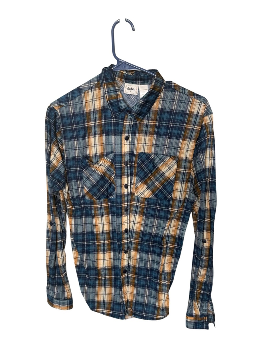 Daytrip Blue Brown Plaid Flannel Button Up Shirt S Small Roll Tab Long Sleeve